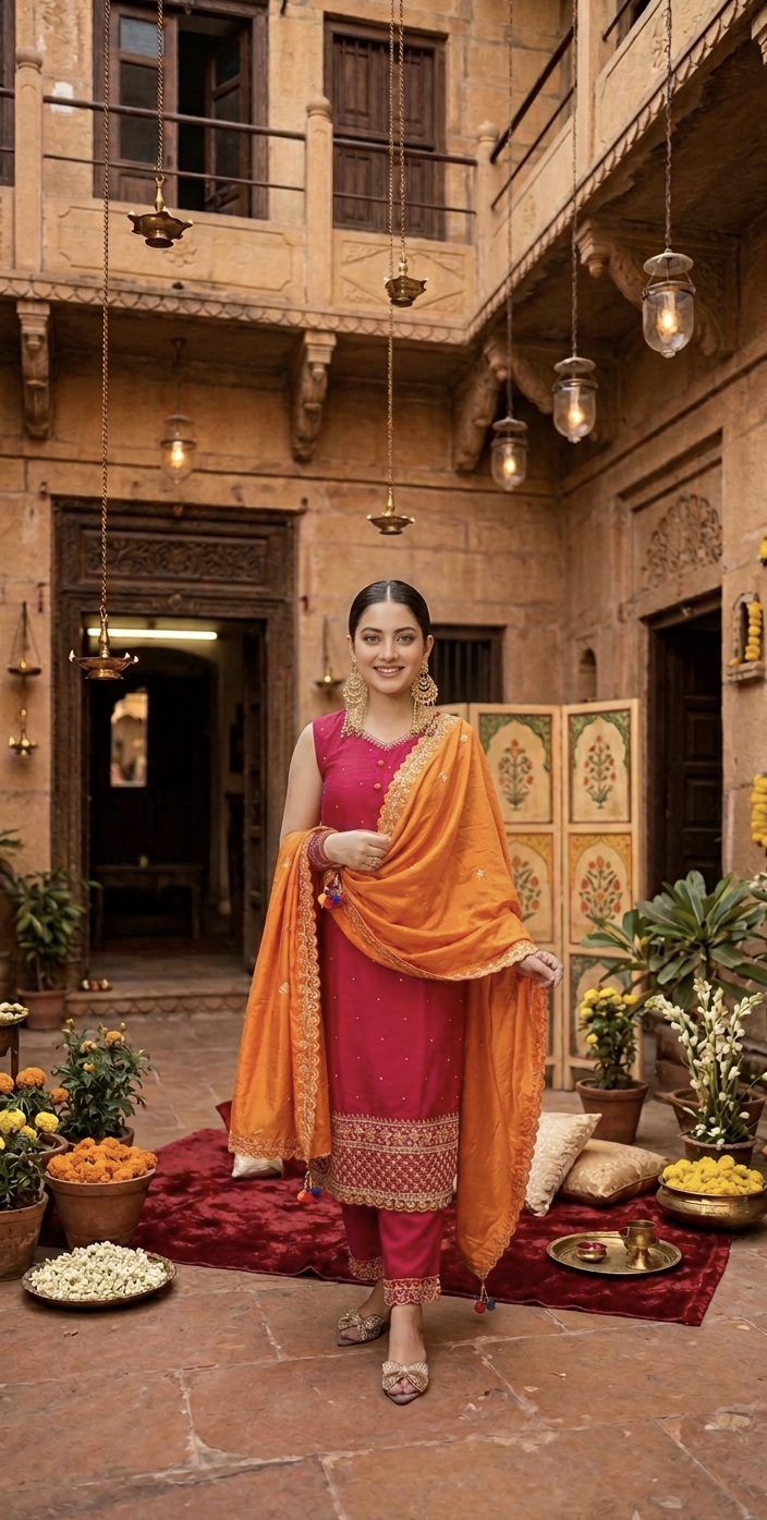 Gulbahaar Fuchsia Embroidered Kurta Set with Orange Dupatta