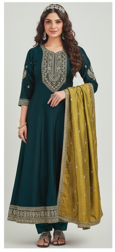 Emerald Grace Embroidered Anarkali Suit Set with Lime Dupatta