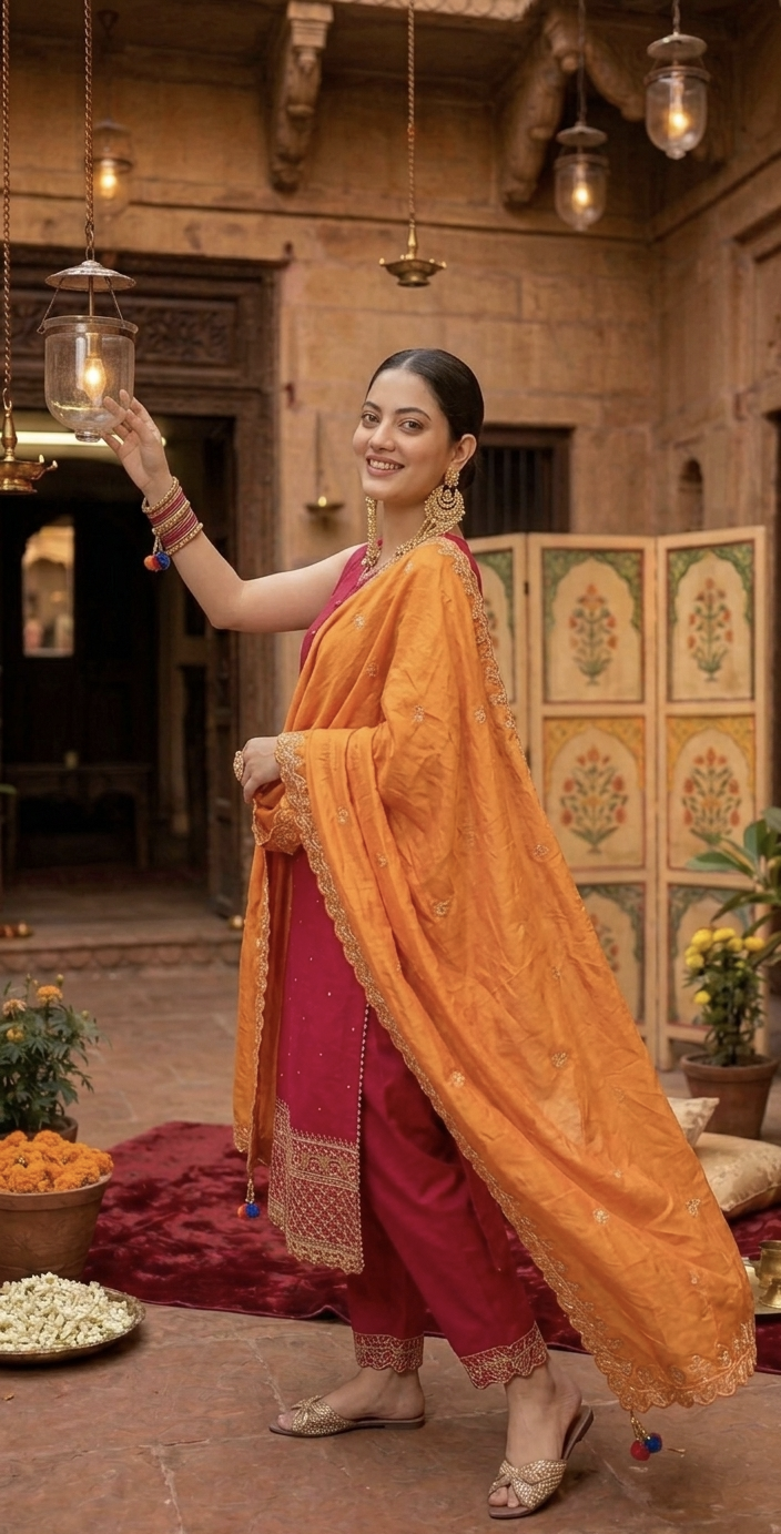 Gulbahaar Fuchsia Embroidered Kurta Set with Orange Dupatta