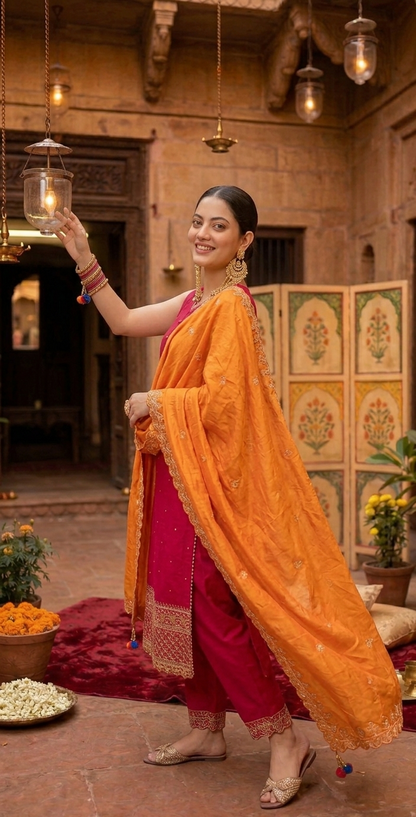Gulbahaar Fuchsia Embroidered Kurta Set with Orange Dupatta