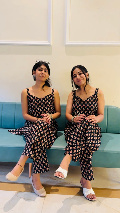 Handcrafted Cotton Kurta Set – Black Block Print Strappy Kurta with Matching Pants