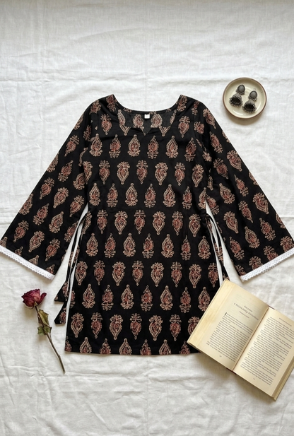 Black Ethnic Motif Cotton Short Kurti with Bell Sleeves & Lace Detail