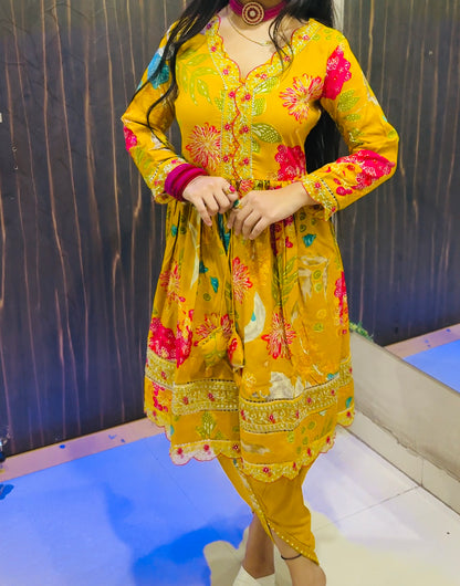 Floral Printed Cotton Short Kurti with Dhoti