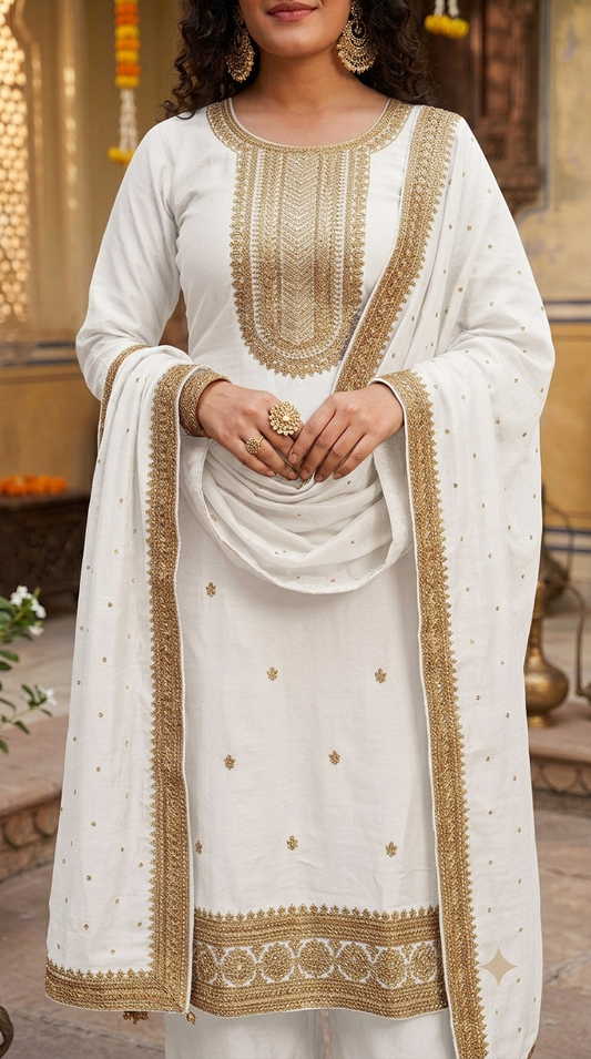 Ivory Embroidered Cotton Anarkali Suit Set with Palazzo & Dupatta