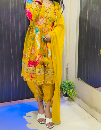 Floral Printed Cotton Short Kurti with Dhoti