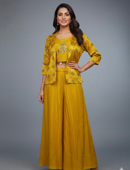 Yellow Crimson Embroidered Shrara Set  with Geometric Printed Jacket
