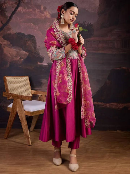 Magenta Silk Anarkali Suit with Gota Patti Embroidery & Floral Organza Dupatta