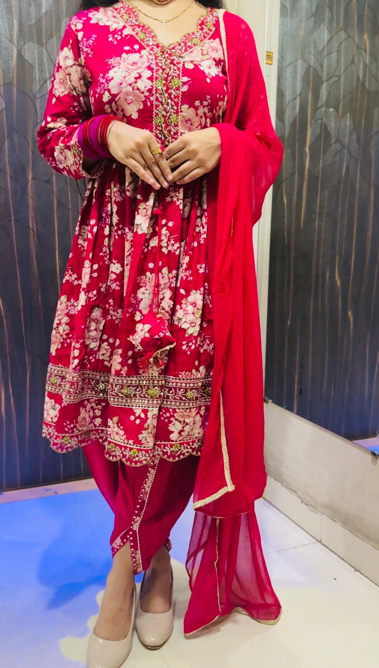 Floral Printed Cotton Short Kurti with Dhoti