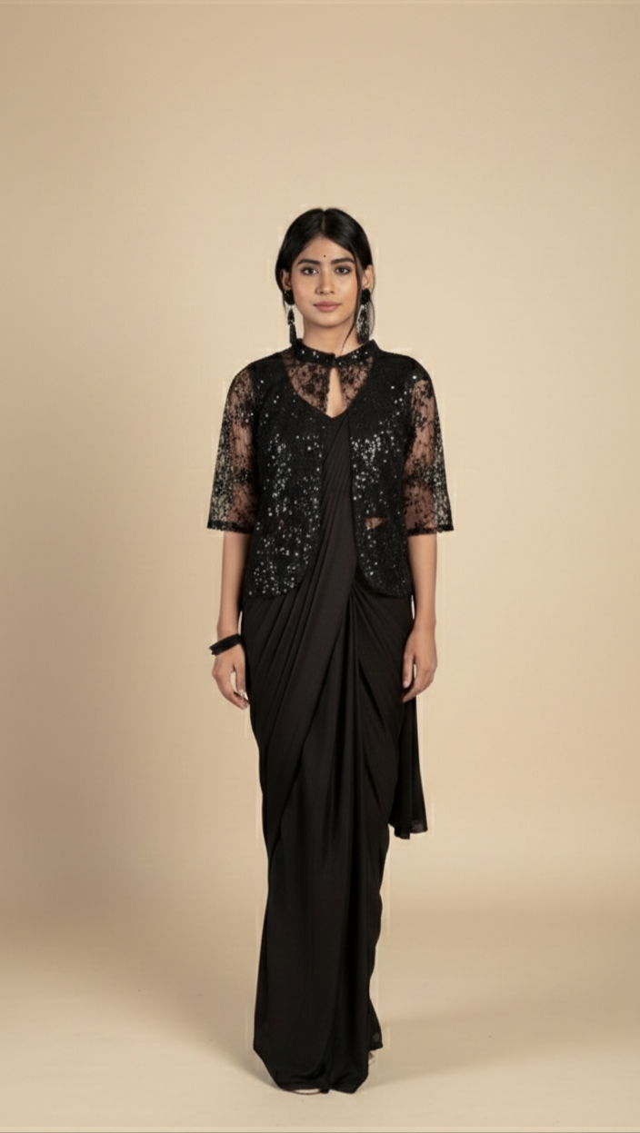 Black Pre-Draped Saree with Sequin Blouse & Jacket Shows – Contemporary Party Wear Saree