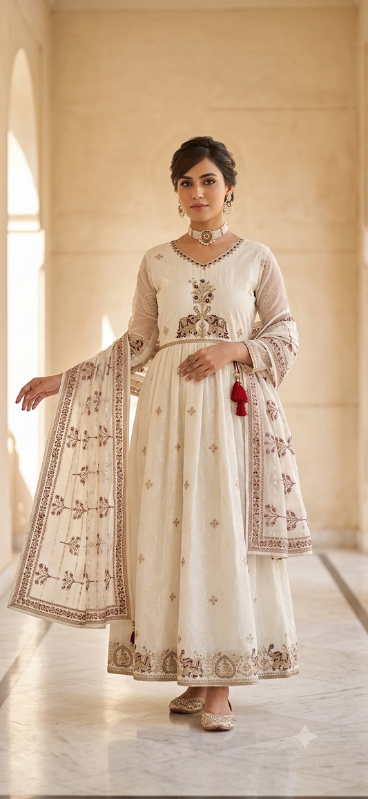 Heritage Embroidered Anarkali Suit Set with Printed Dupatta