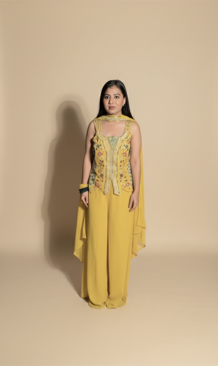 Mustard Yellow Embroidered Sharara Set with Choker Neck Kurti & Dupatta