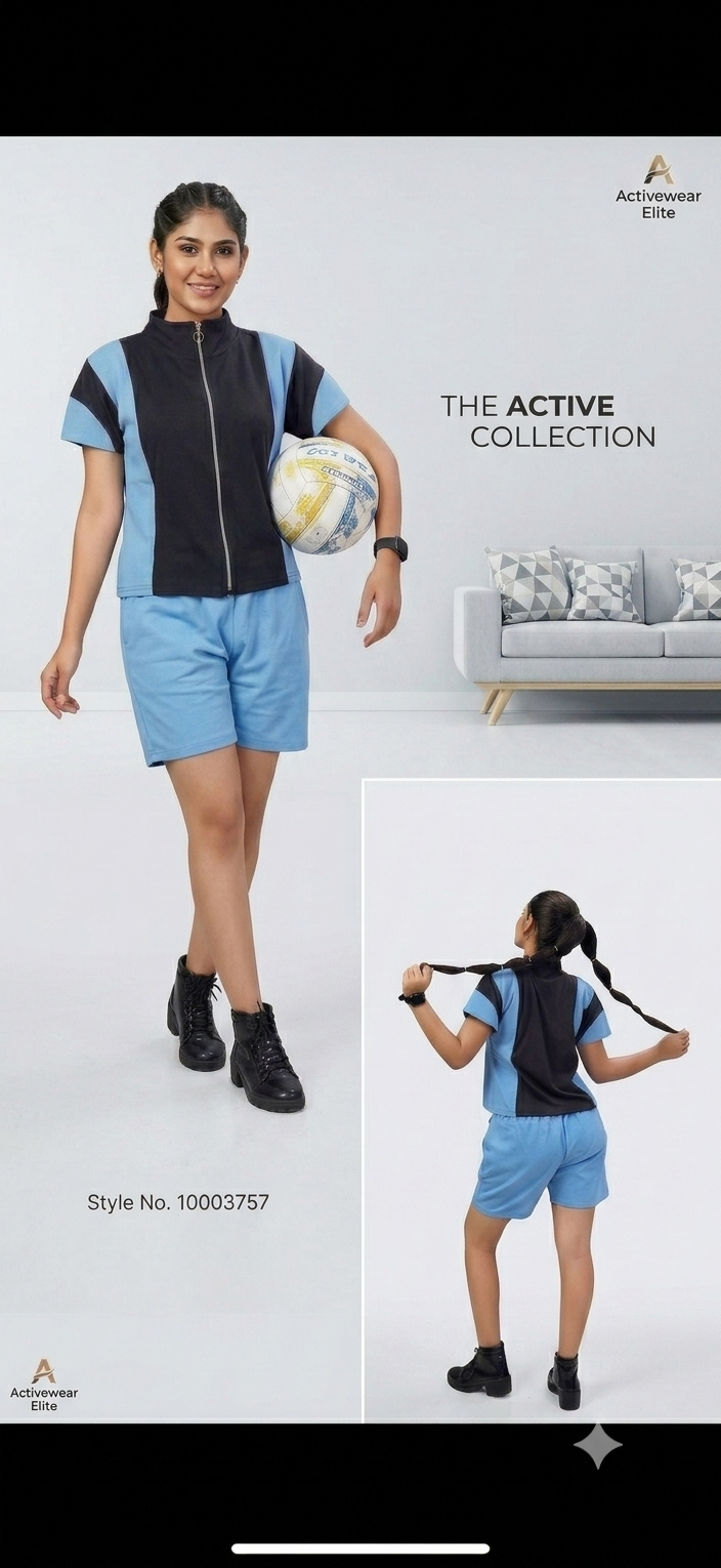 Women's Activewear Elite Color Block Zip-Up Sports Co-Ord Set – Navy Blue & Sky Blue Shorts Set
