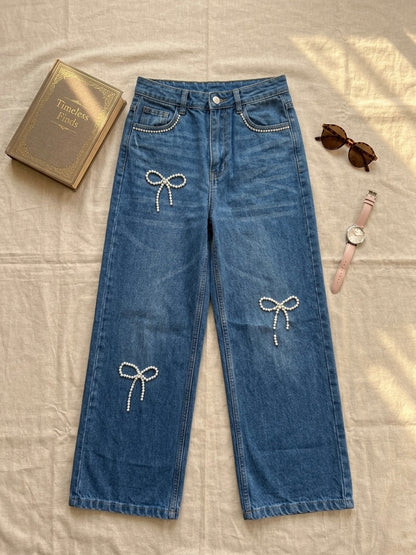Bow-Embellished Wide-Leg Jeans in Classic Blue
