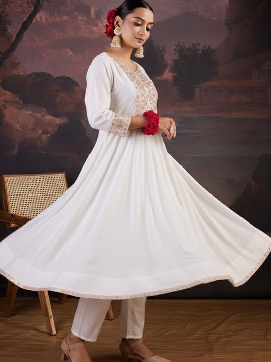 Elegant Off-White Embroidered Anarkali Kurta  for Women | Festive & Ethnic Wear