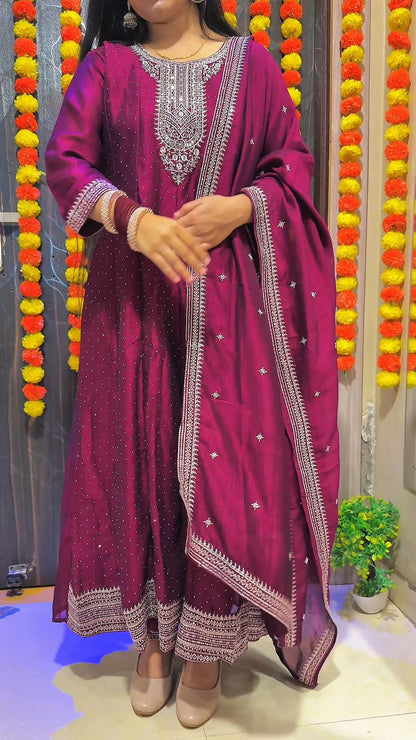 Embellished Maroon Anarkali Suit Set with Dupatta