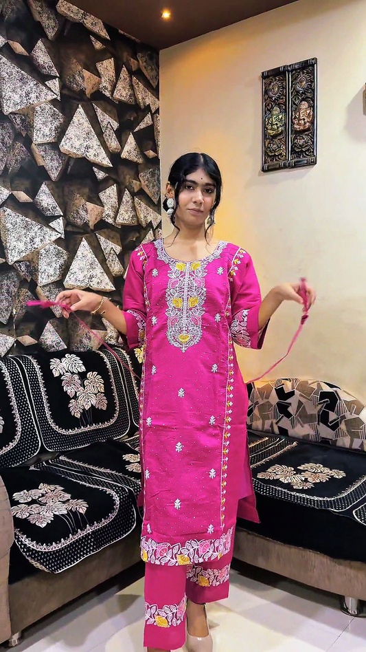 Hand-Embroidered Cotton Kurta Set with Dupatta