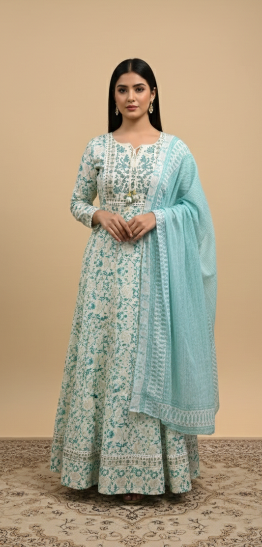 Seafoam Green Floral Printed Cotton Anarkali Gown with Matching Dupatta – Refreshing Summer Ethnic Wear