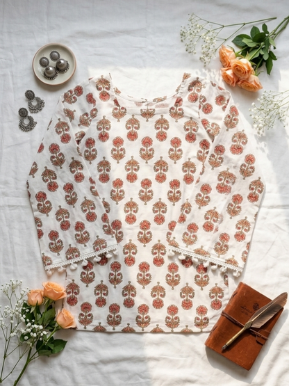 Vintage Floral Lace-Up Cotton Short Kurti with Bell Sleeves