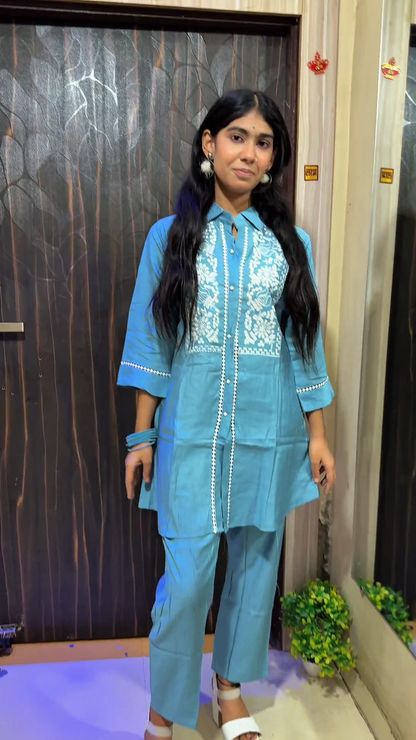 Blue Embroidered Cord Set with Pants