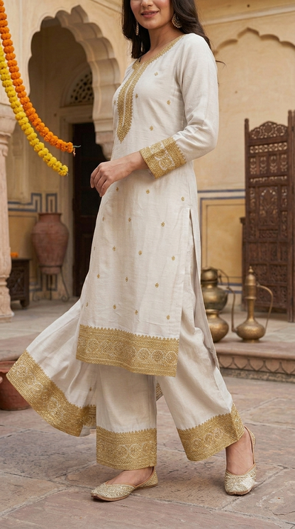 Zarika Mustard Embroidered Kurta Palazzo Set with Dupatta