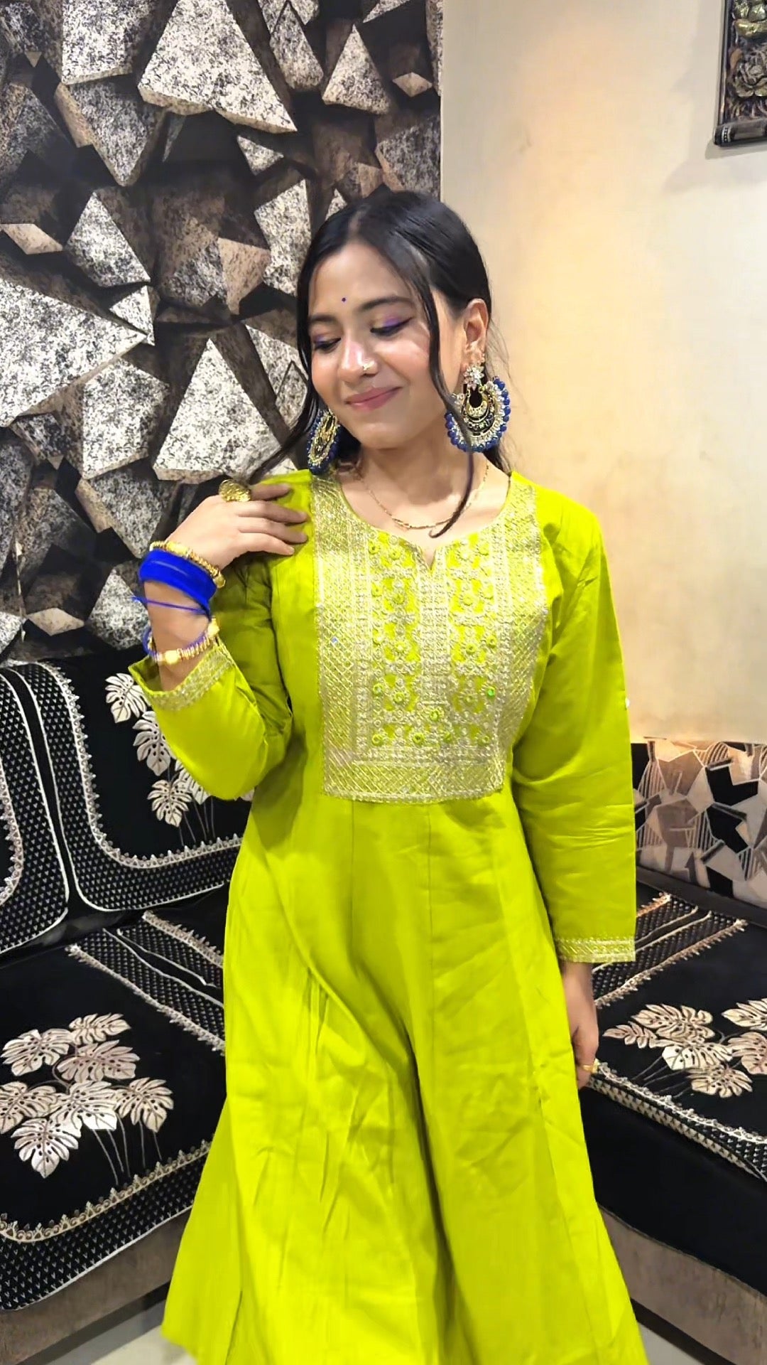 Lime Glow Embroidered Anarkali Set with Floral Dupatta