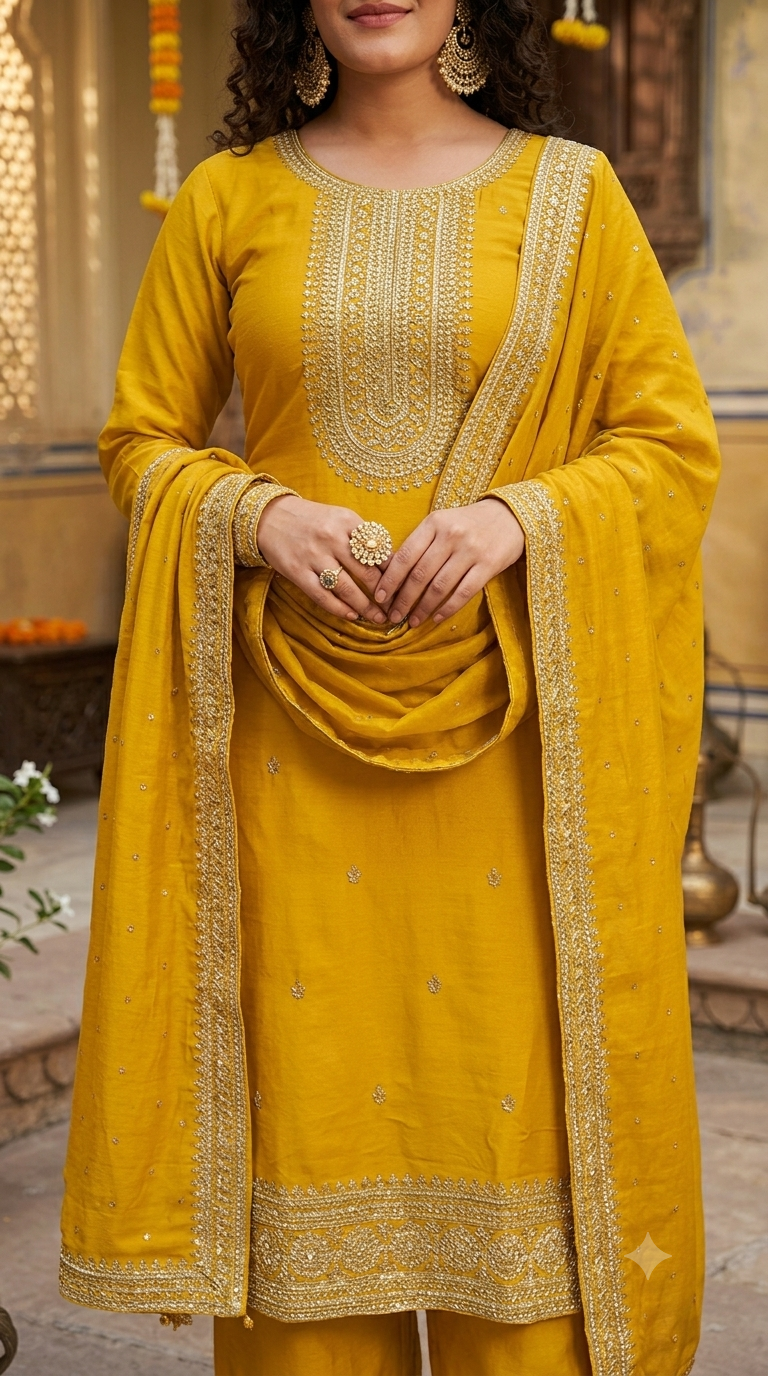 Zarika Mustard Embroidered Kurta Palazzo Set with Dupatta
