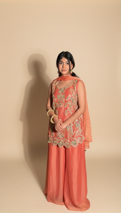 Women's Peach Coral Embroidered Shrara Set with Wide-Leg Palazzo & Dupatta Set | Festive Wear
