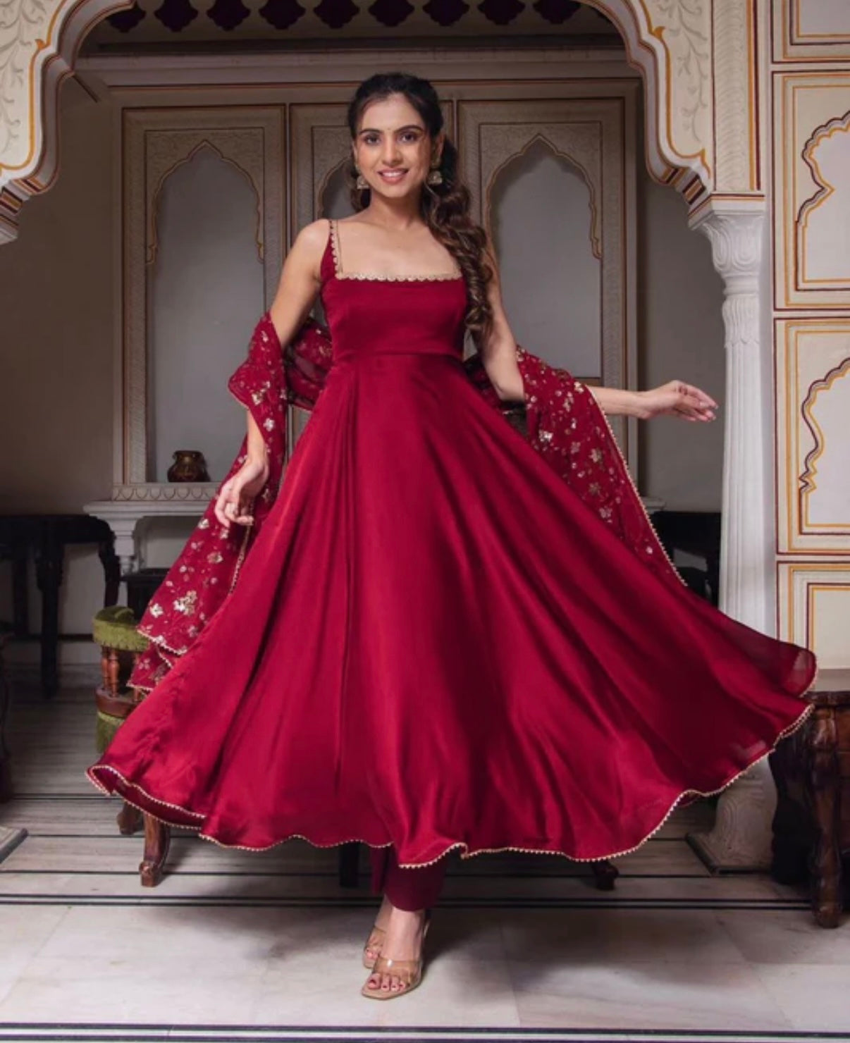 Wine Red Anarkali Kurta Set with Embroidered Dupatta – Elegant Festive & Wedding Wear