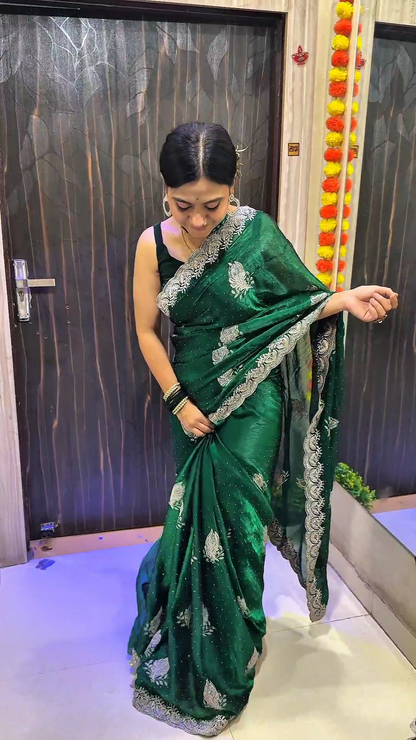Jimmy Choo Emerald Green Designer Saree with Silver Zari Work