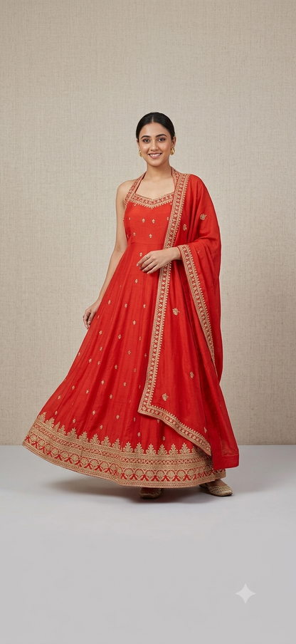 Women's Orange Embroidered Kurta Pant Dupatta Set | Festive Ethnic Suit Set with Embroidered Border