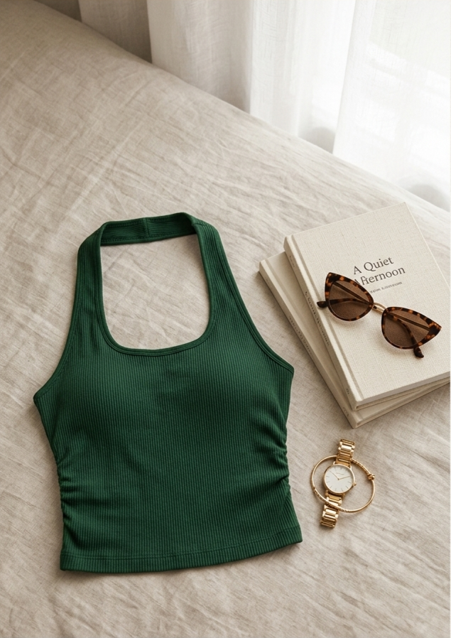 Elegant Ribbed Halter Neck Sleeveless Fitted Crop Top