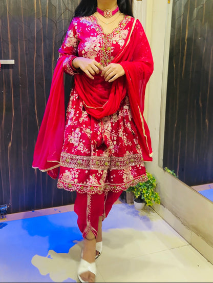 Floral Printed Cotton Short Kurti with Dhoti