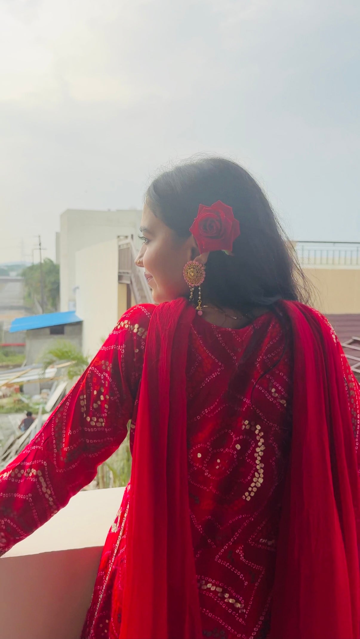 Rani Red Bandhej Mirror Work Anarkali Suit | Festive Ethnic Elegance