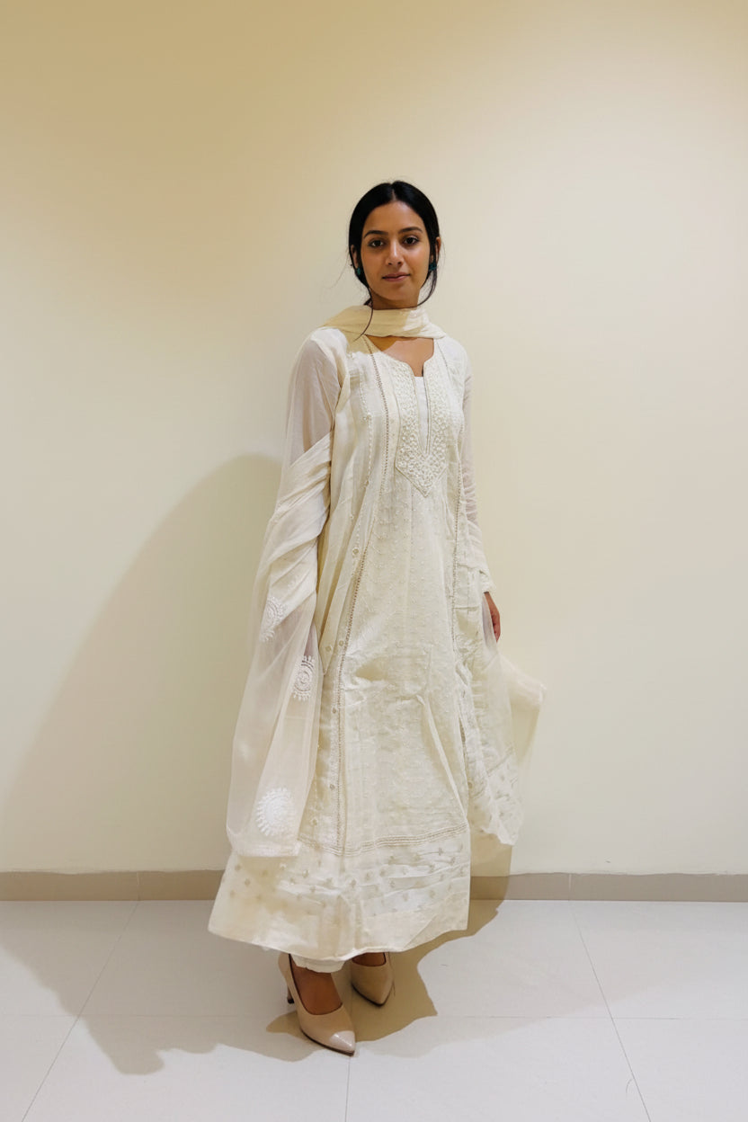 Hans Off-White Chikankari Anarkali Set