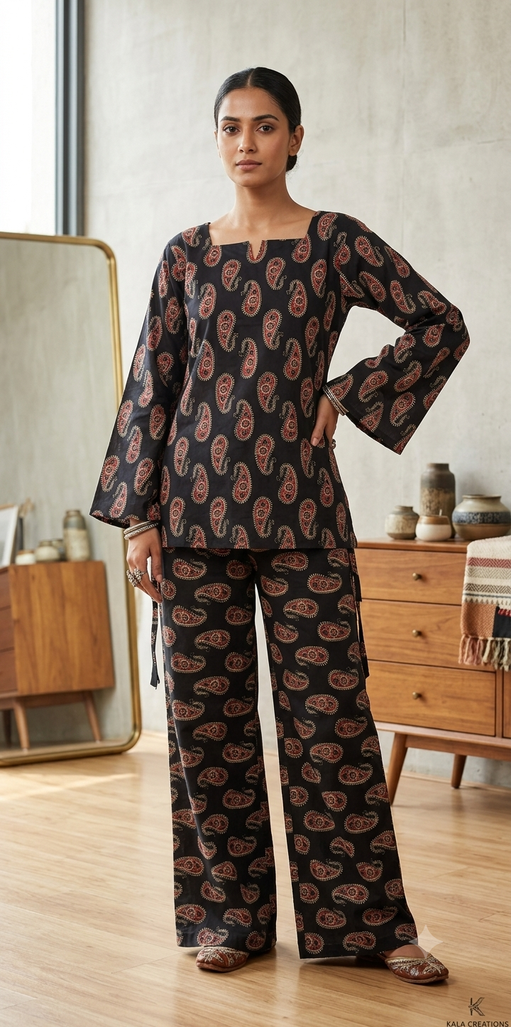 Women's Black Paisley Printed Co-Ord Set | Full Sleeve Side Tie Top & Wide Leg Pants