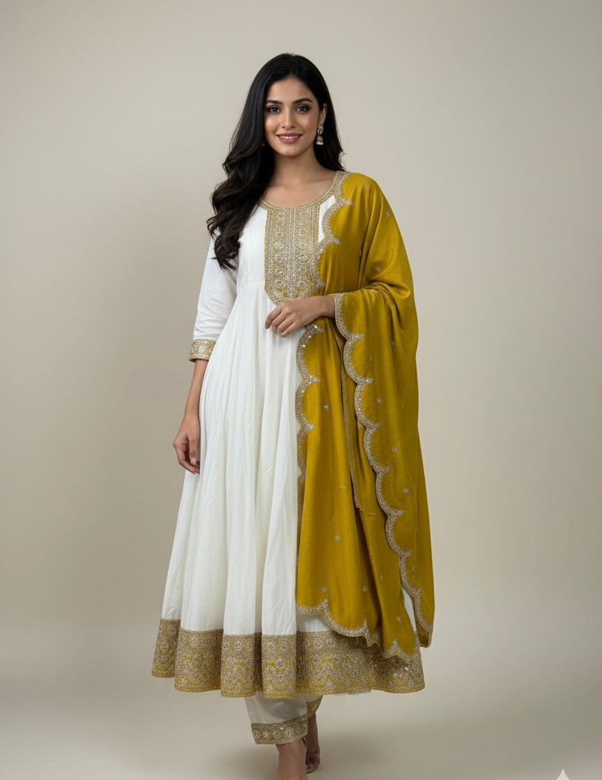Embroidered Anarkali Suit Set with Scalloped Dupatta