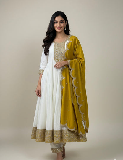 Embroidered Anarkali Suit Set with Scalloped Dupatta