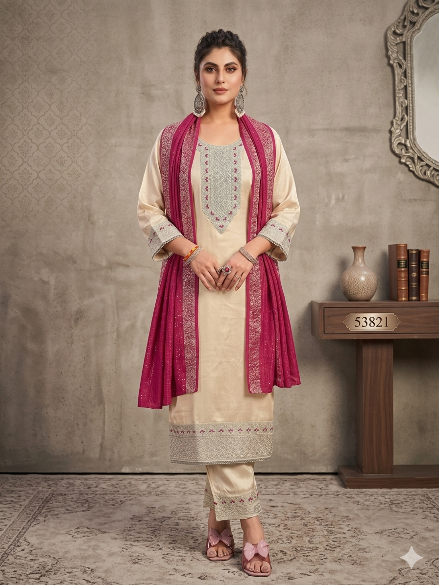 Elegant Embroidered Kurta Set with Dupatta for Women | Straight Fit Traditional Ethnic Wear