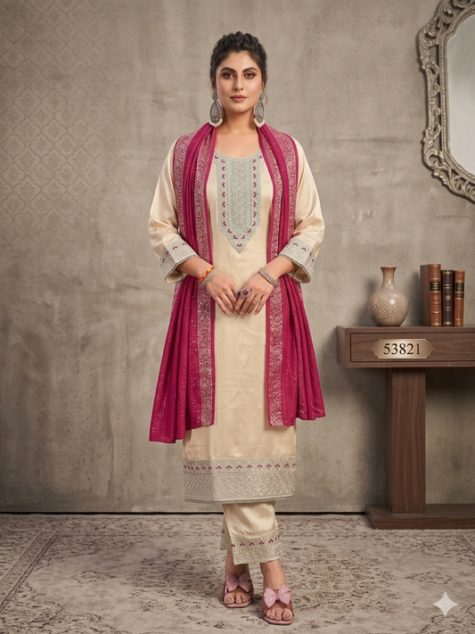 Elegant Embroidered Kurta Set with Dupatta for Women | Straight Fit Traditional Ethnic Wear
