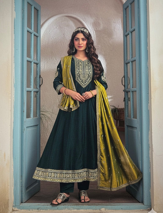 Emerald Grace Embroidered Anarkali Suit Set with Lime Dupatta