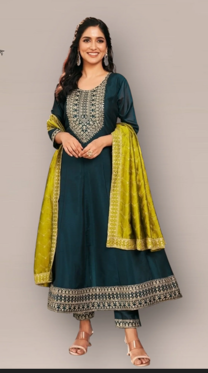 Emerald Grace Embroidered Anarkali Suit Set with Lime Dupatta