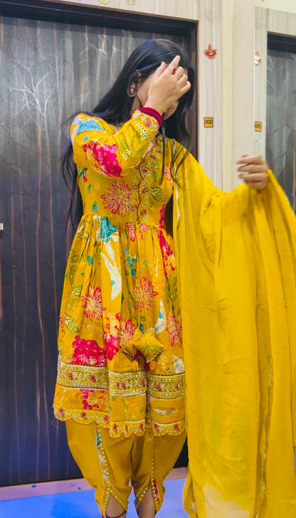 Floral Printed Cotton Short Kurti with Dhoti