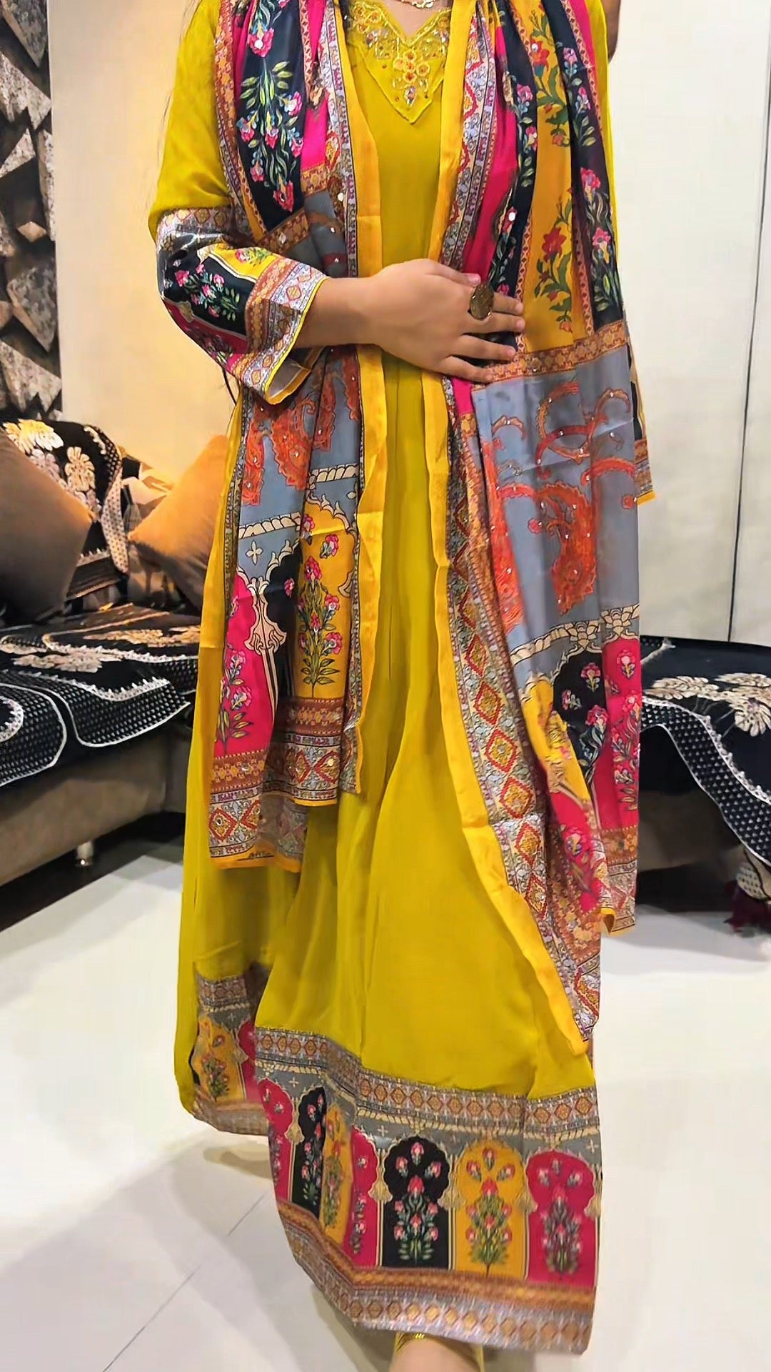 Sunshine Bloom Yellow Anarkali Set with Multicolor Printed Dupatta