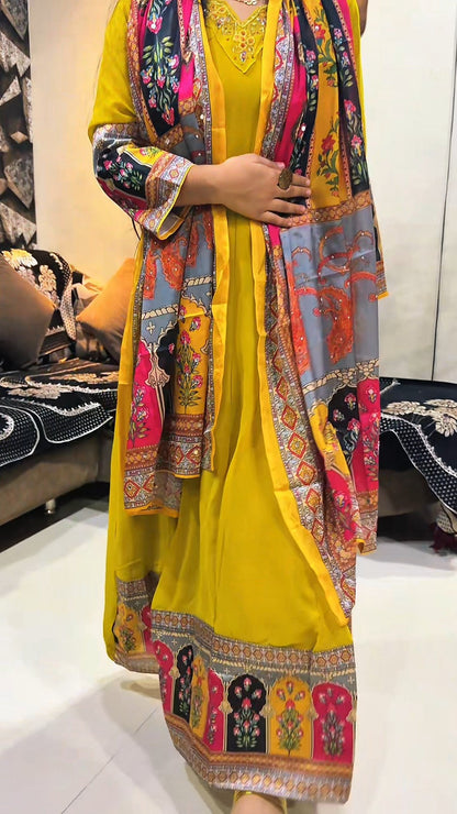 Sunshine Bloom Yellow Anarkali Set with Multicolor Printed Dupatta