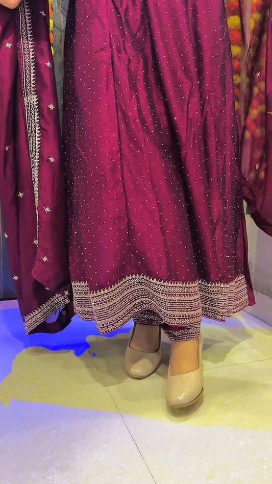 Embellished Maroon Anarkali Suit Set with Dupatta