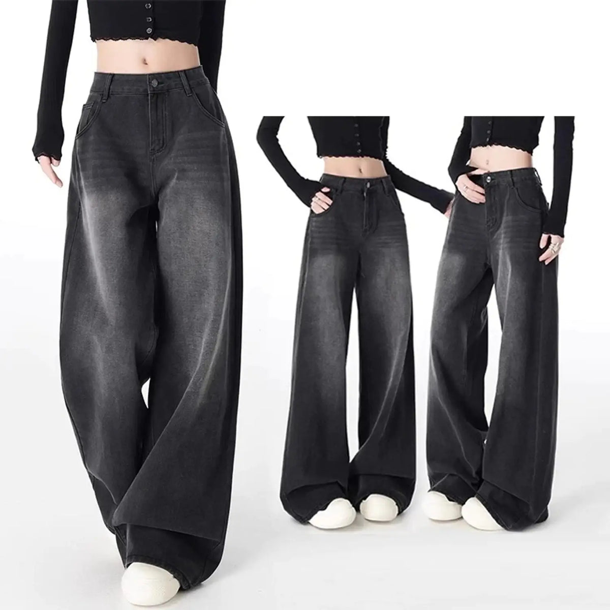 Black Wide-Leg Baggy Denim Jeans