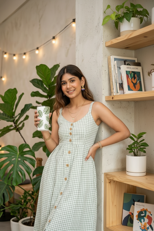 Checks Flare Midi Dress with Shoulder Straps