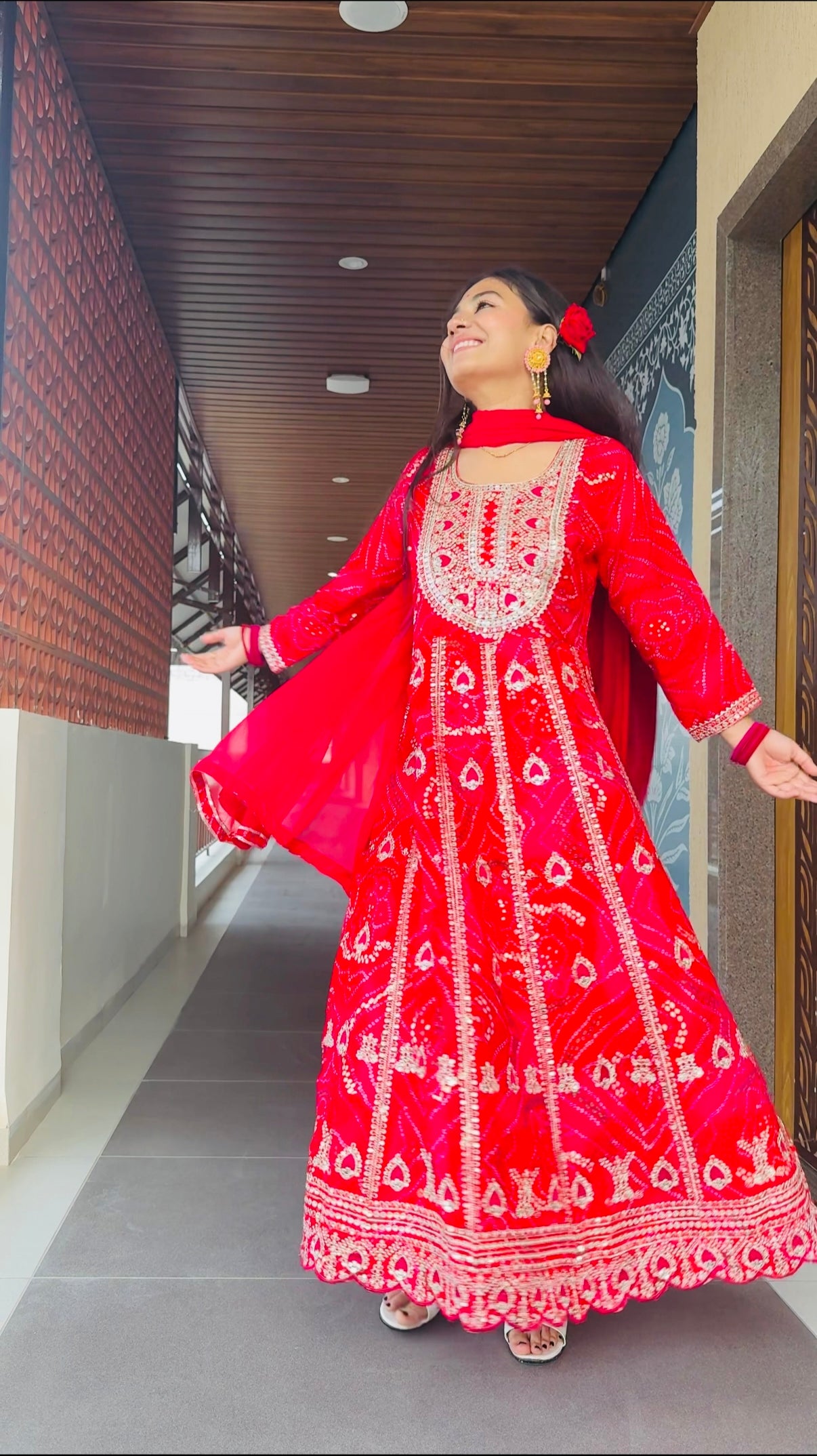 Rani Red Bandhej Mirror Work Anarkali Suit | Festive Ethnic Elegance