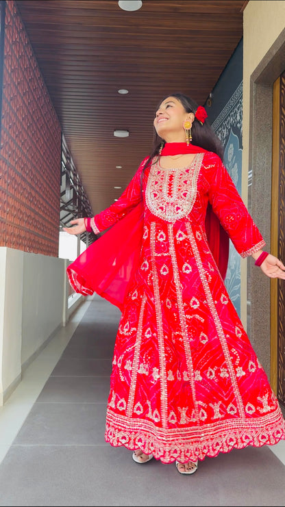 Rani Red Bandhej Mirror Work Anarkali Suit | Festive Ethnic Elegance