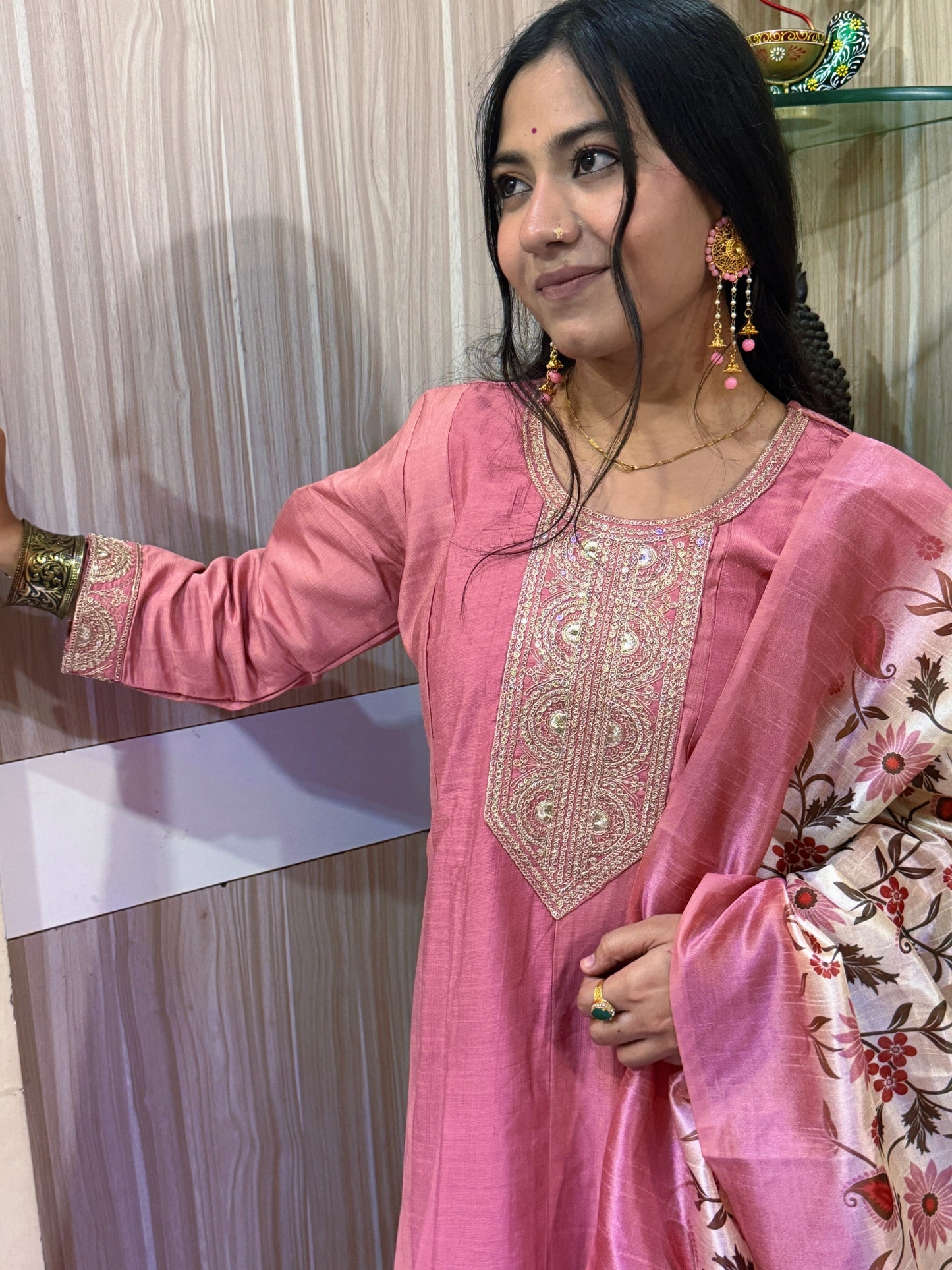 Blush Rose Silk Kurta Set with Embroidered Neckline & Floral Dupatta